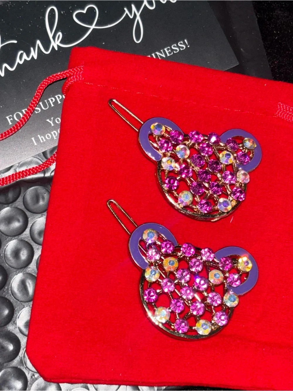 Pink Rhinestone Teddy Bear Hair Clips Set of 2